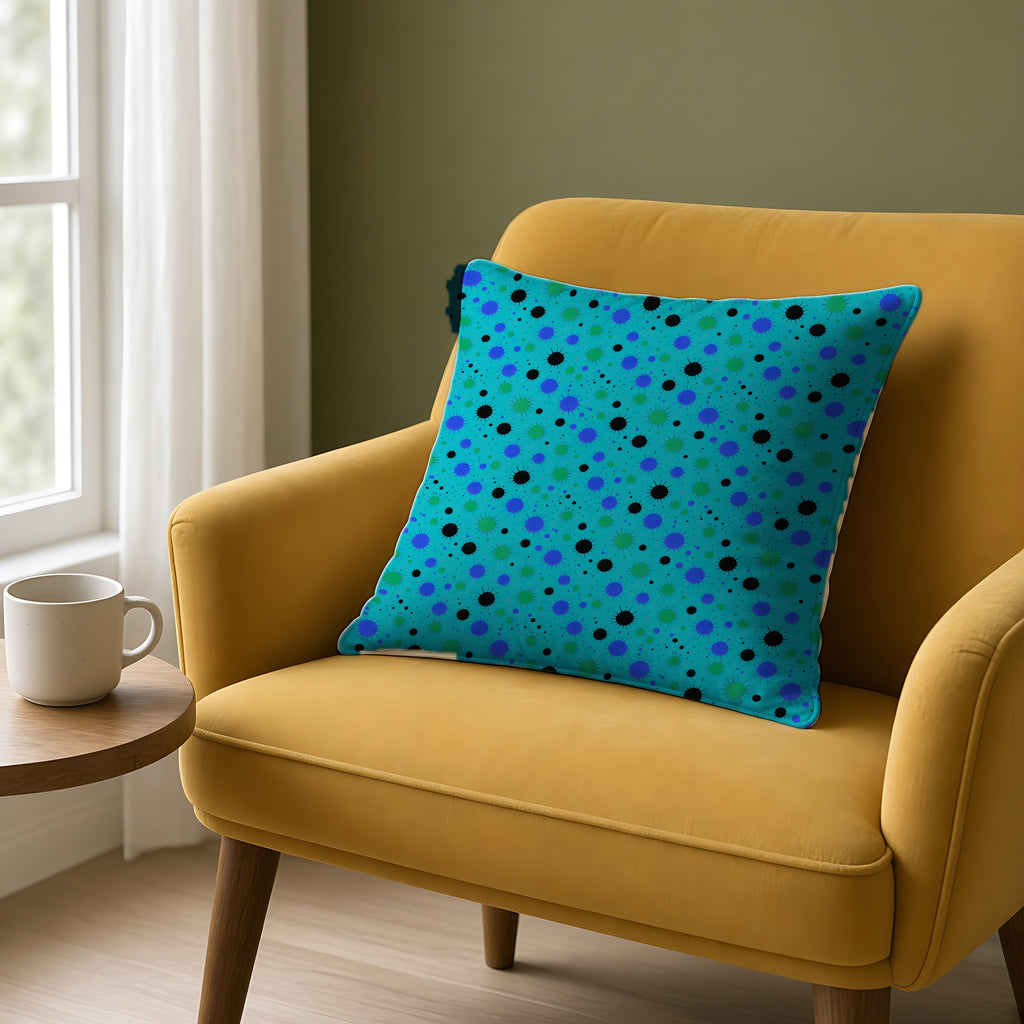 Blot Burst Faux Suede Cushion on a mustard armchair by a window