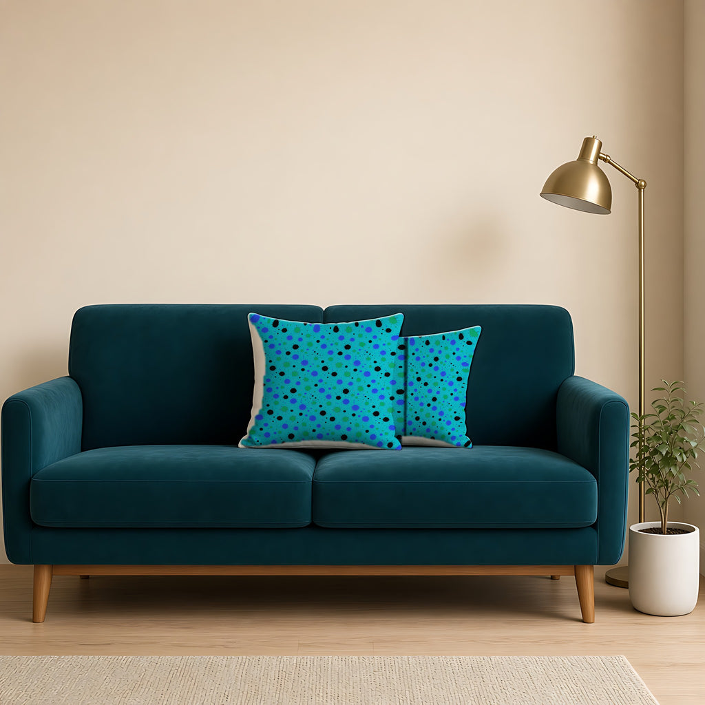 Blot Burst Faux Suede Cushion on a teal velvet sofa