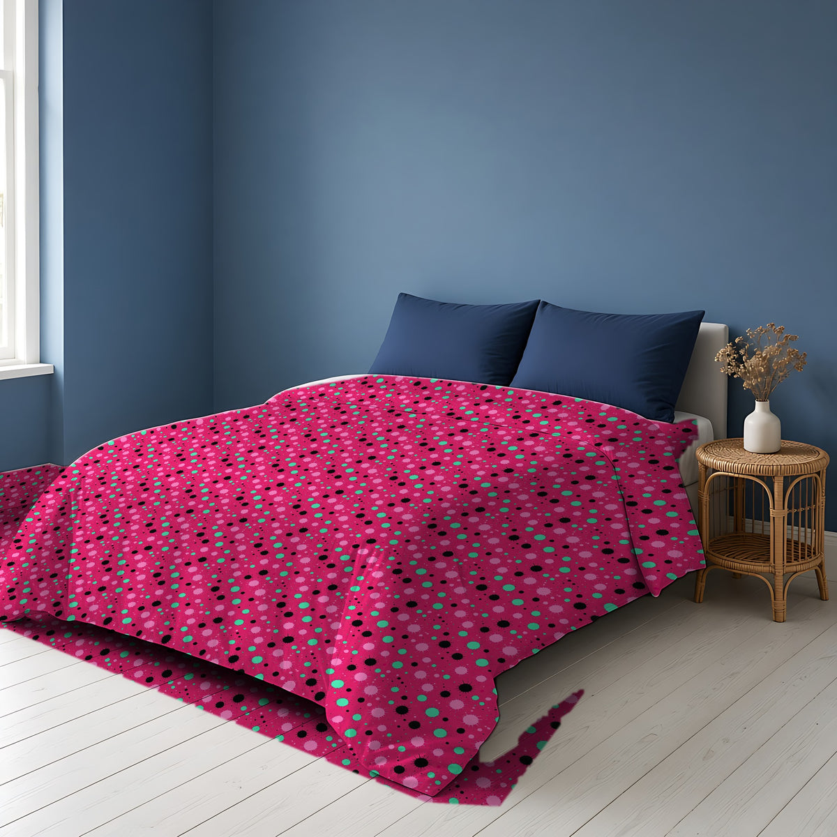 Blot Burst Cotton Duvet Cover on a bed in a Scandinavian blue bedroom
