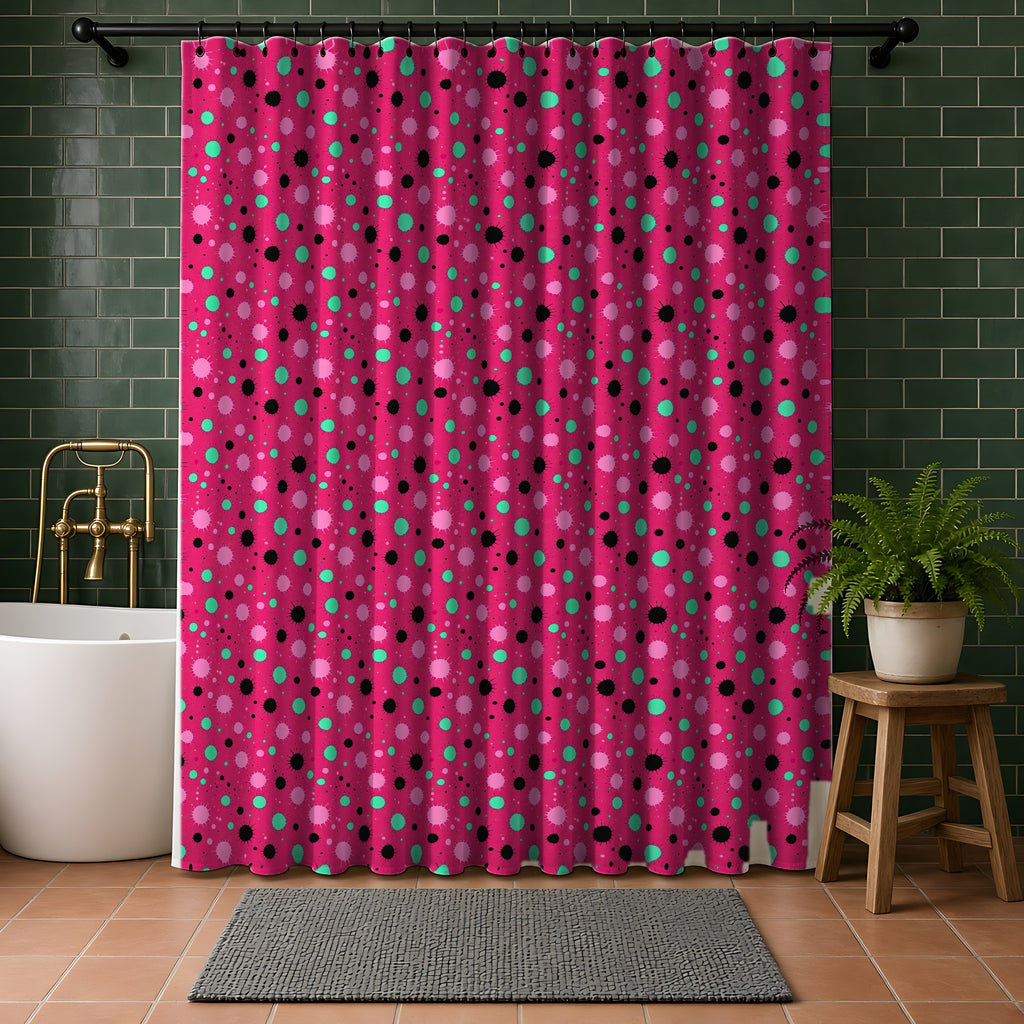 Blot Burst Shower Curtain in a bathroom with dark green tiles