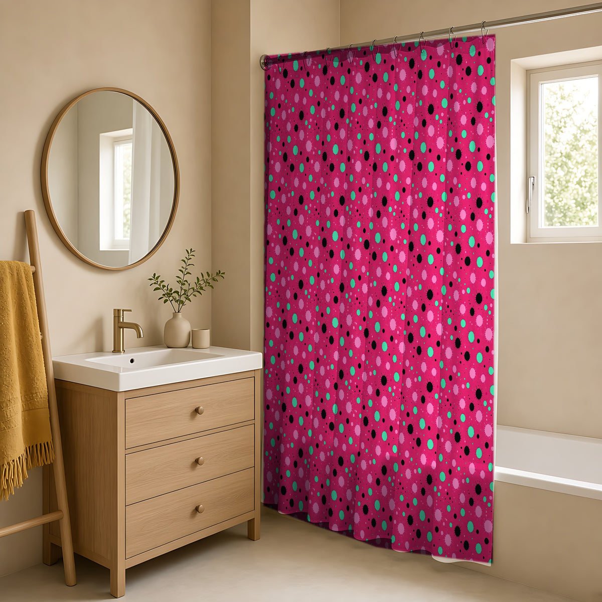 Blot Burst Shower Curtain in a warm neutral bathroom with an oak vanity