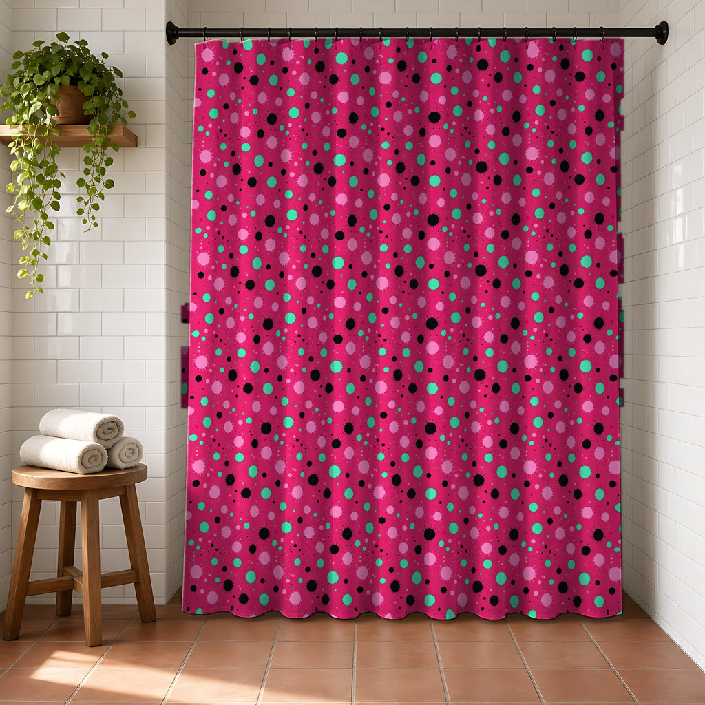 Blot Burst Shower Curtain in a bright bathroom with white tiles and a terracotta floor