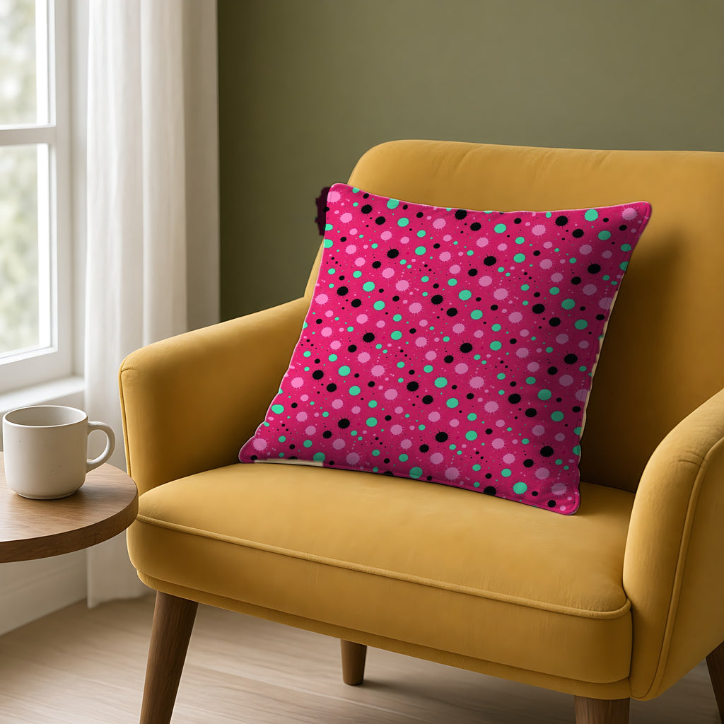 Blot Burst Faux Suede Cushion on a mustard armchair by a window