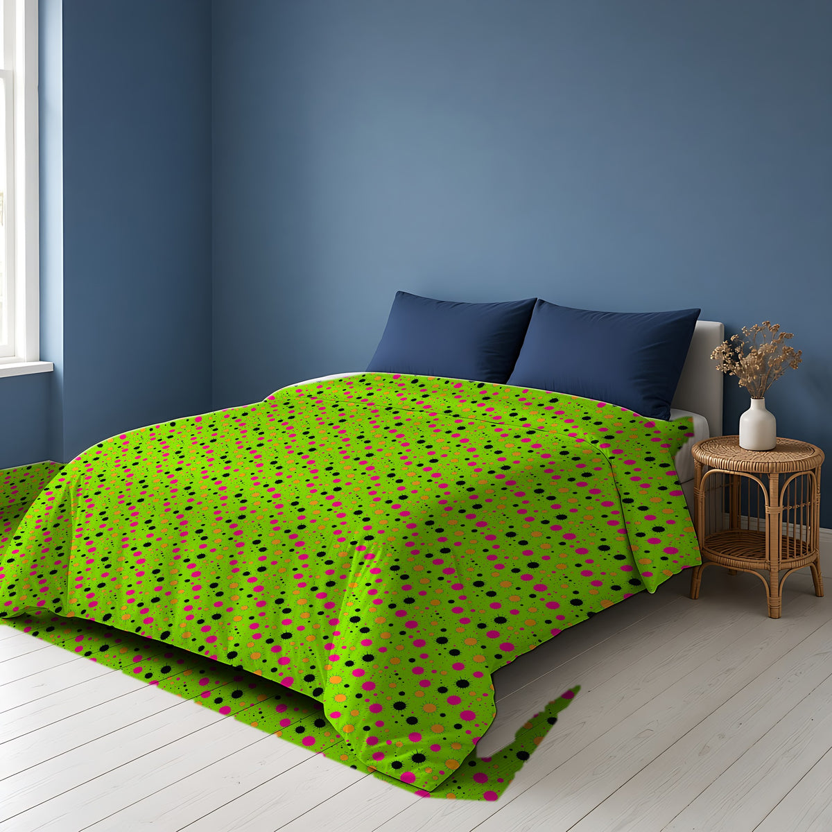 Blot Burst Cotton Duvet Cover on a bed in a Scandinavian blue bedroom