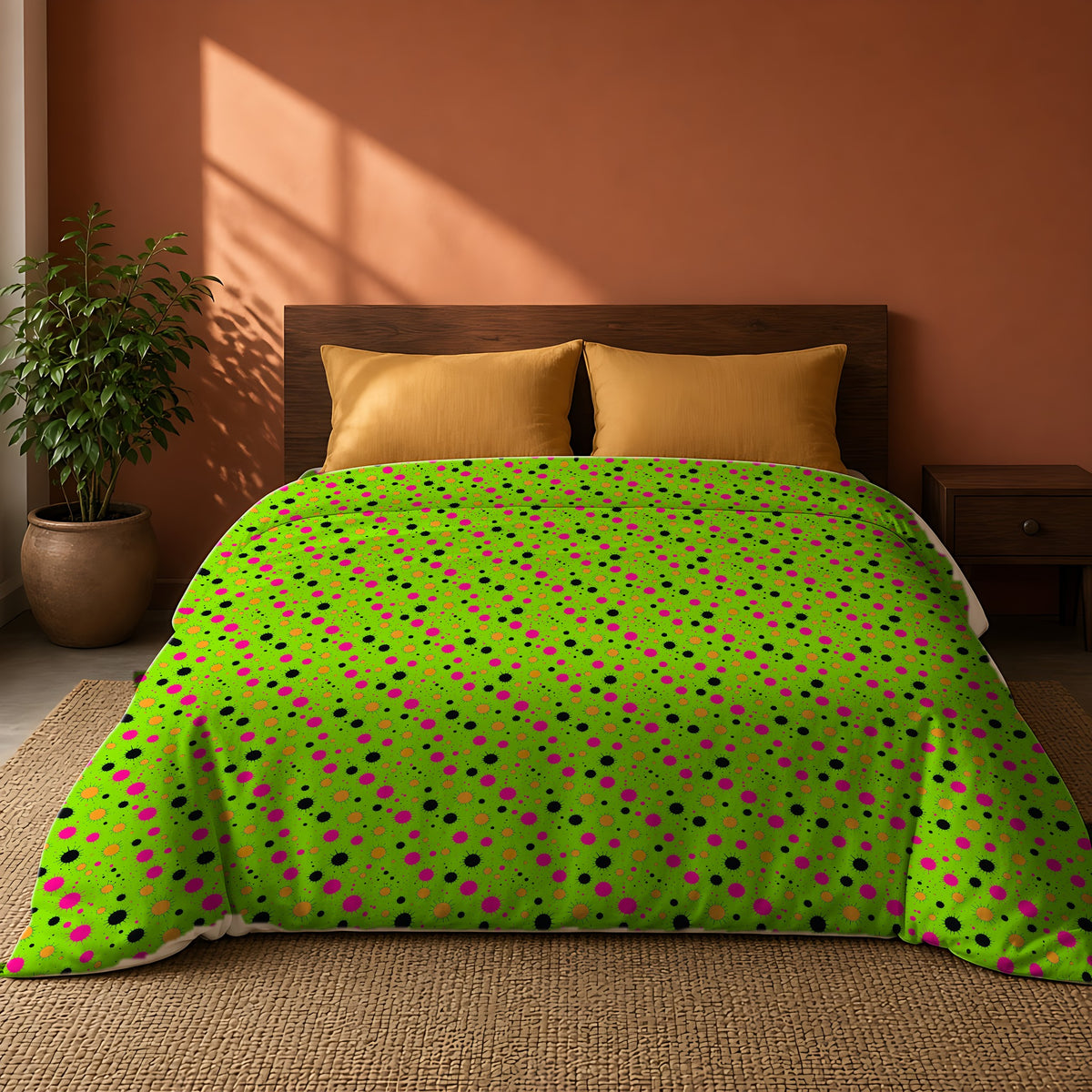 Blot Burst Cotton Duvet Cover on a king bed against a warm terracotta wall