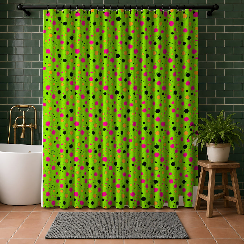 Blot Burst Shower Curtain in a bathroom with dark green tiles