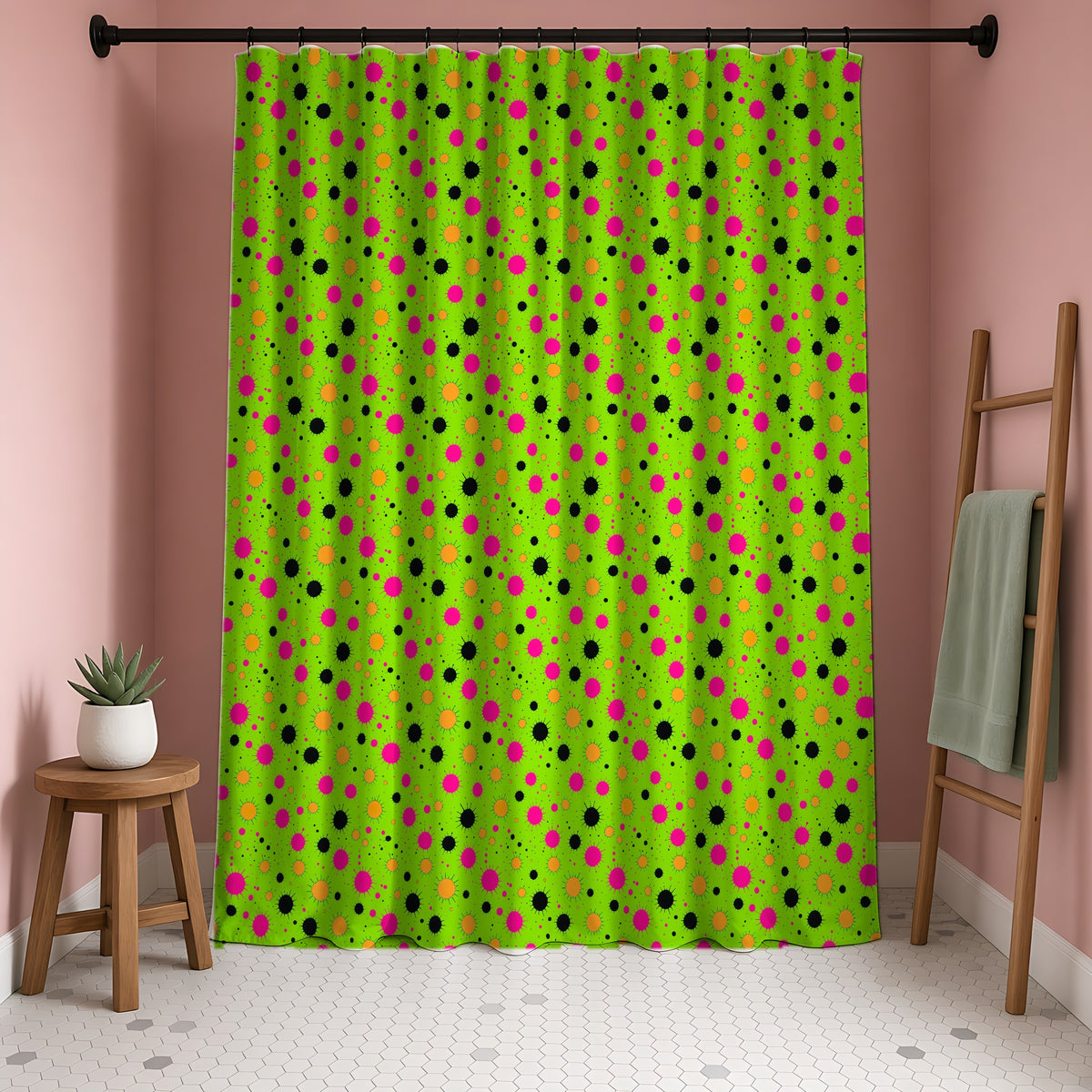 Blot Burst Shower Curtain in a blush-pink bathroom