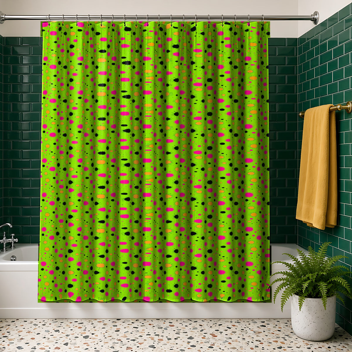 Blot Burst Shower Curtain in the Tropical Punch palette, hanging in a bathroom with emerald tiles