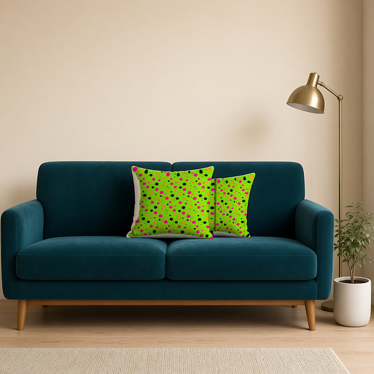 Blot Burst Faux Suede Cushion on a teal velvet sofa