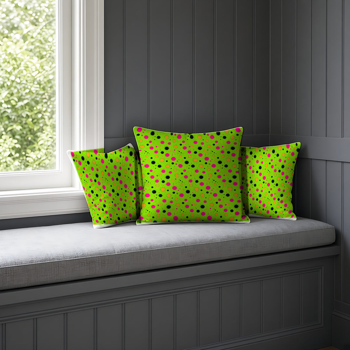 Blot Burst Faux Suede Cushion on a window seat