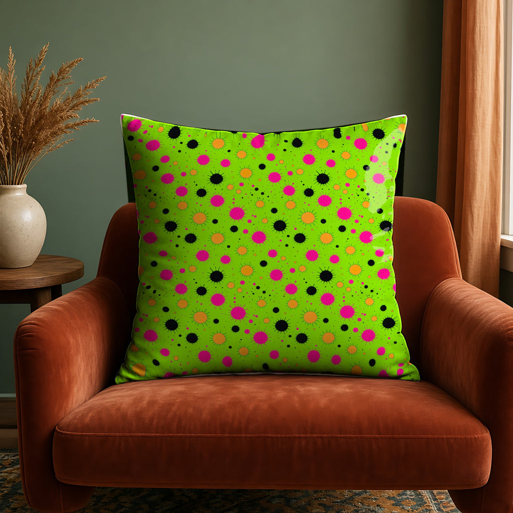 Blot Burst Faux Suede Cushion in the Tropical Punch palette, on a rust velvet armchair against a sage wall
