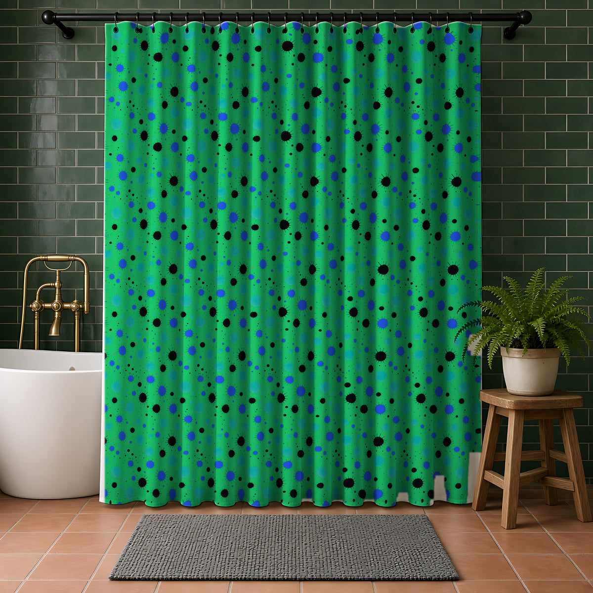 Blot Burst Shower Curtain in a bathroom with dark green tiles
