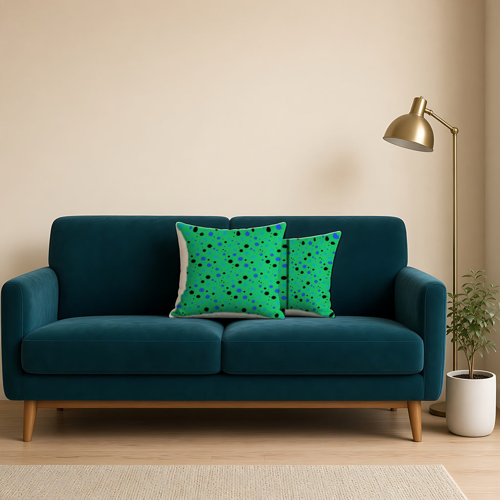 Blot Burst Faux Suede Cushion on a teal velvet sofa