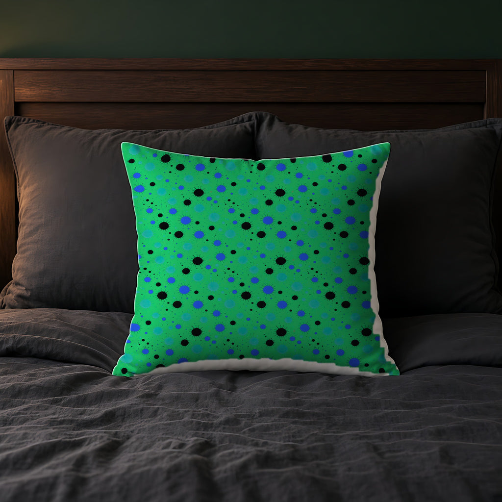 Blot Burst Faux Suede Cushion on a bed with charcoal bedding
