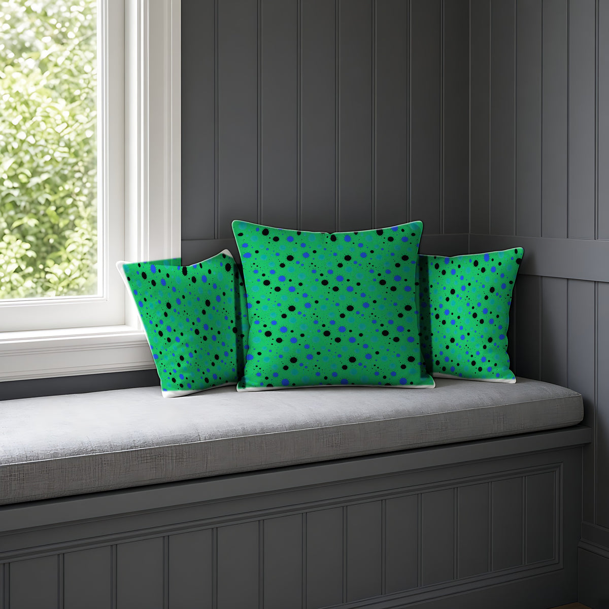 Blot Burst Faux Suede Cushion on a window seat