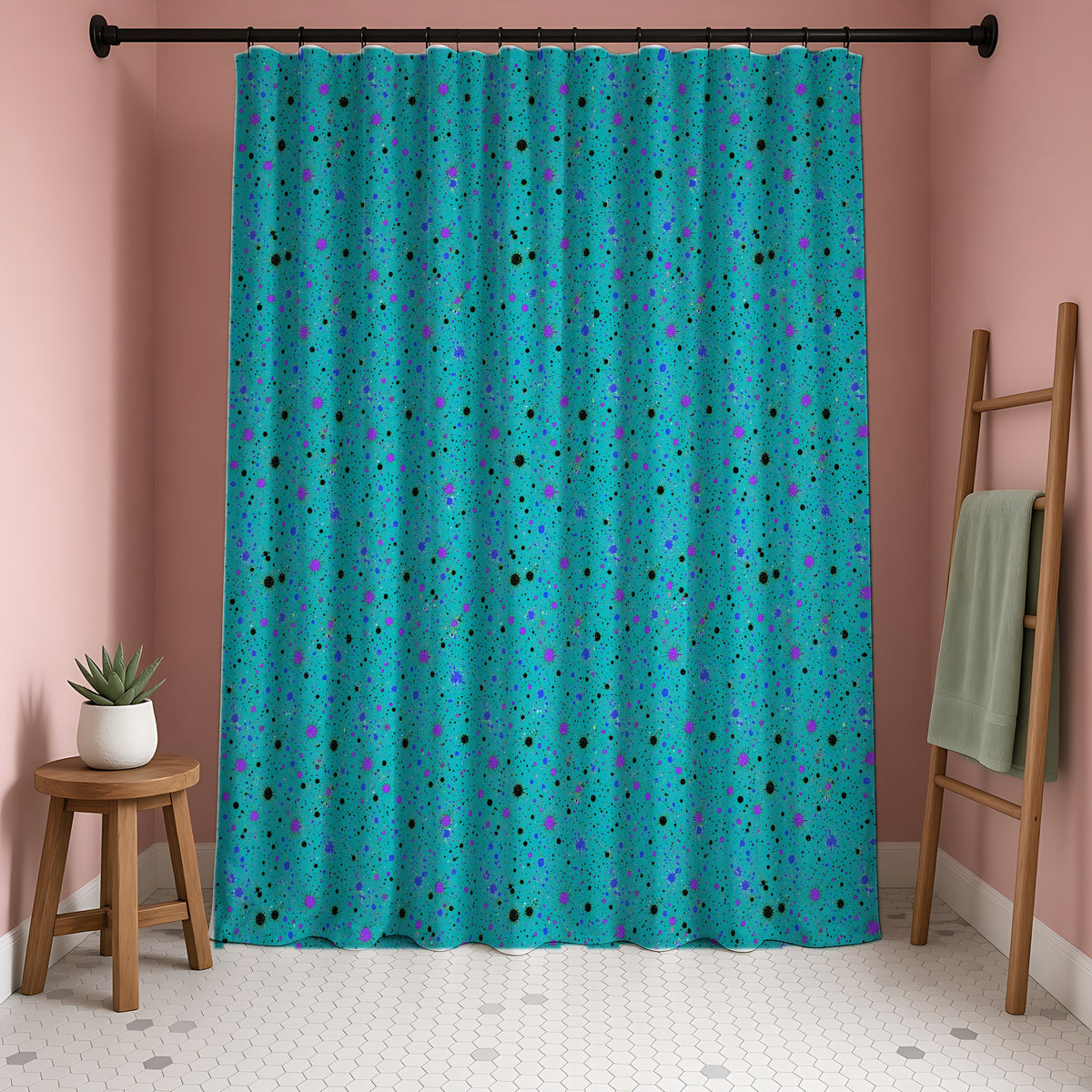 Spray Field Shower Curtain in a blush-pink bathroom