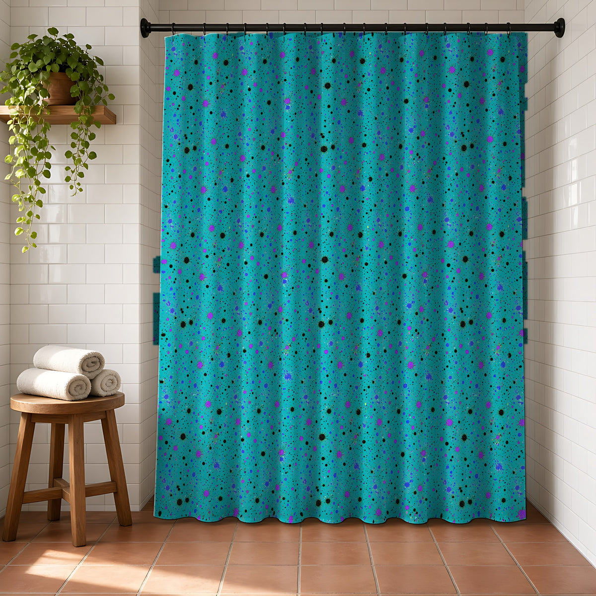 Spray Field Shower Curtain in a bright bathroom with white tiles and a terracotta floor