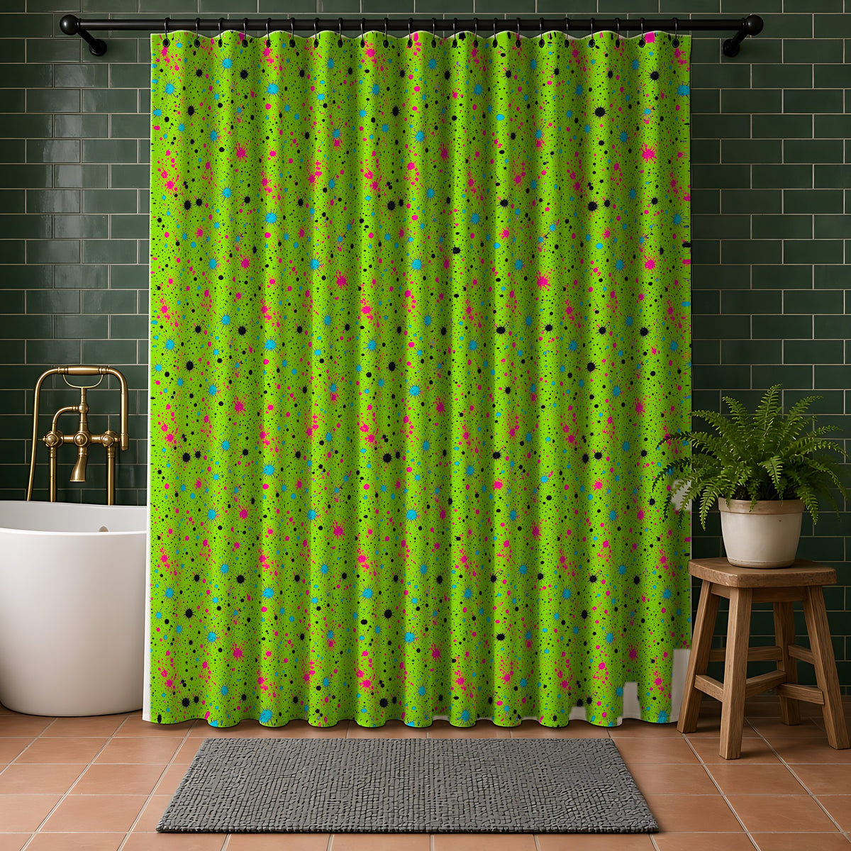 Pink Spray Field Shower Curtain in a bathroom with dark green tiles