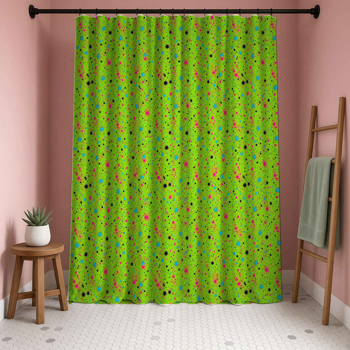Pink Spray Field Shower Curtain in a blush-pink bathroom