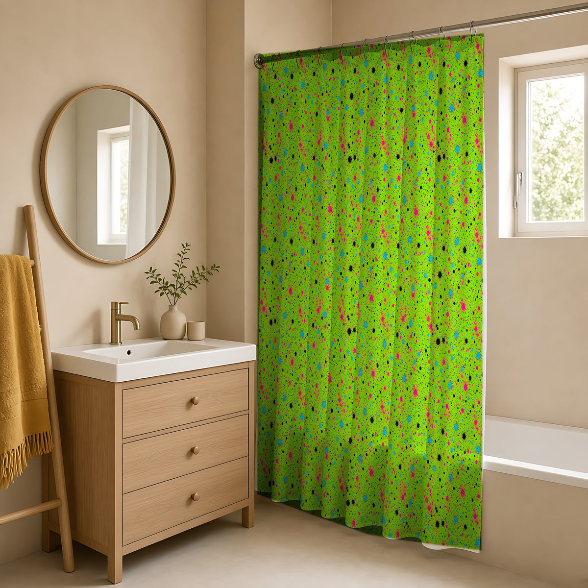 Pink Spray Field Shower Curtain in a warm neutral bathroom with an oak vanity