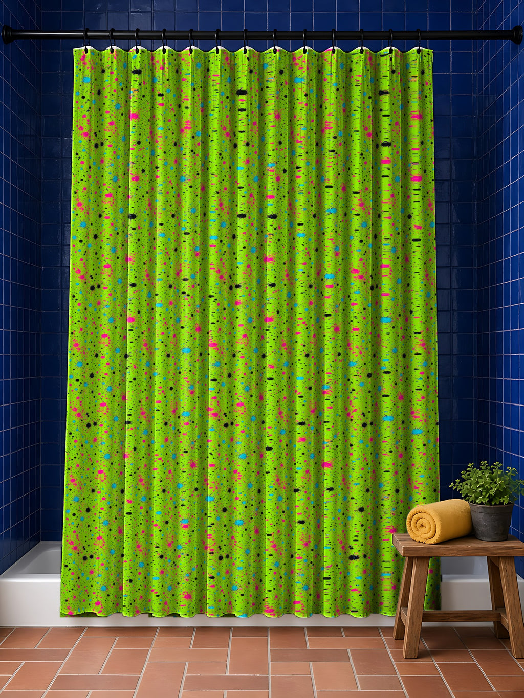 Pink Spray Field Shower Curtain in the Tropical Punch palette, hanging in a bathroom with cobalt tiles and a terracotta floor
