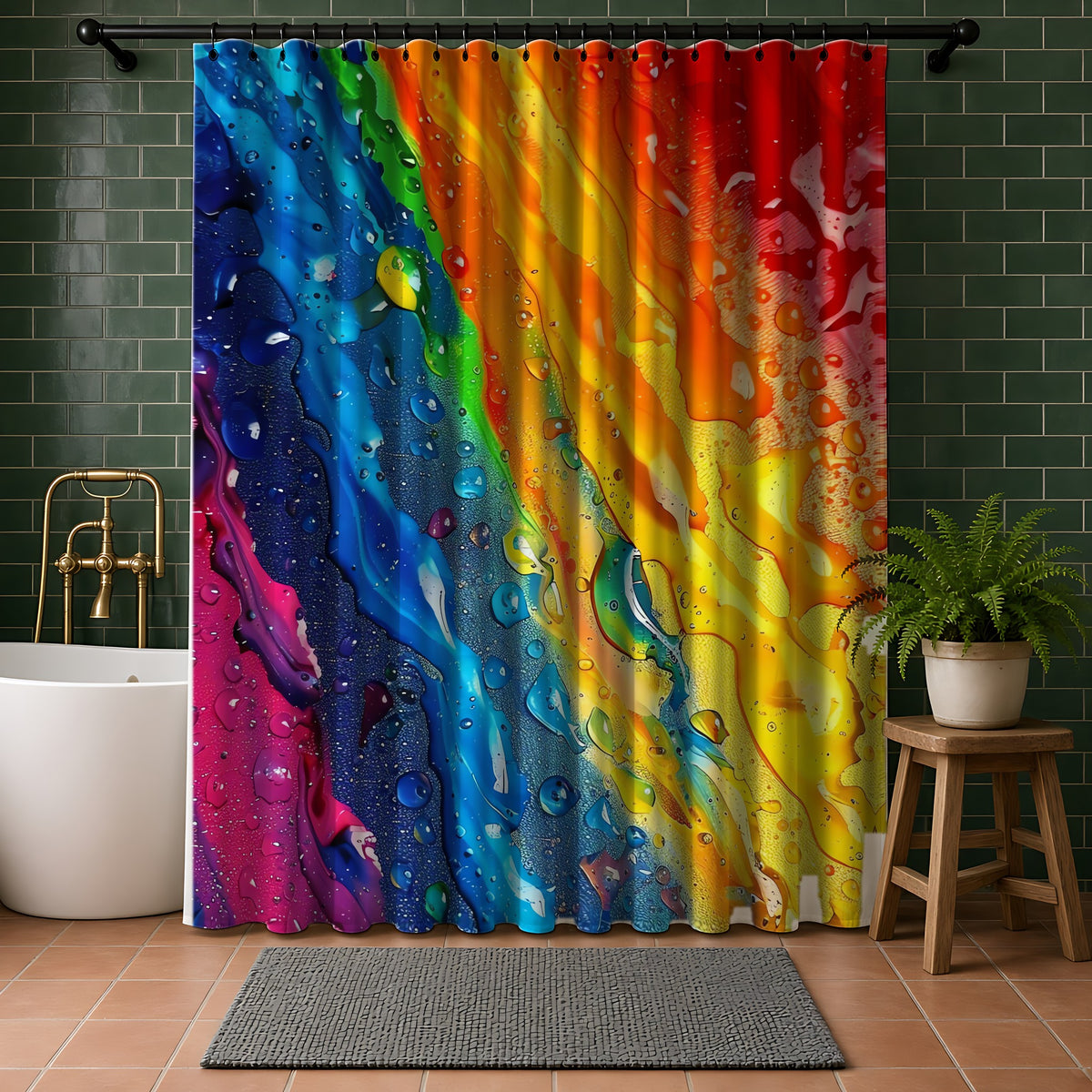 Rainbow Drip Pour Shower Curtain in a bathroom with dark green tiles