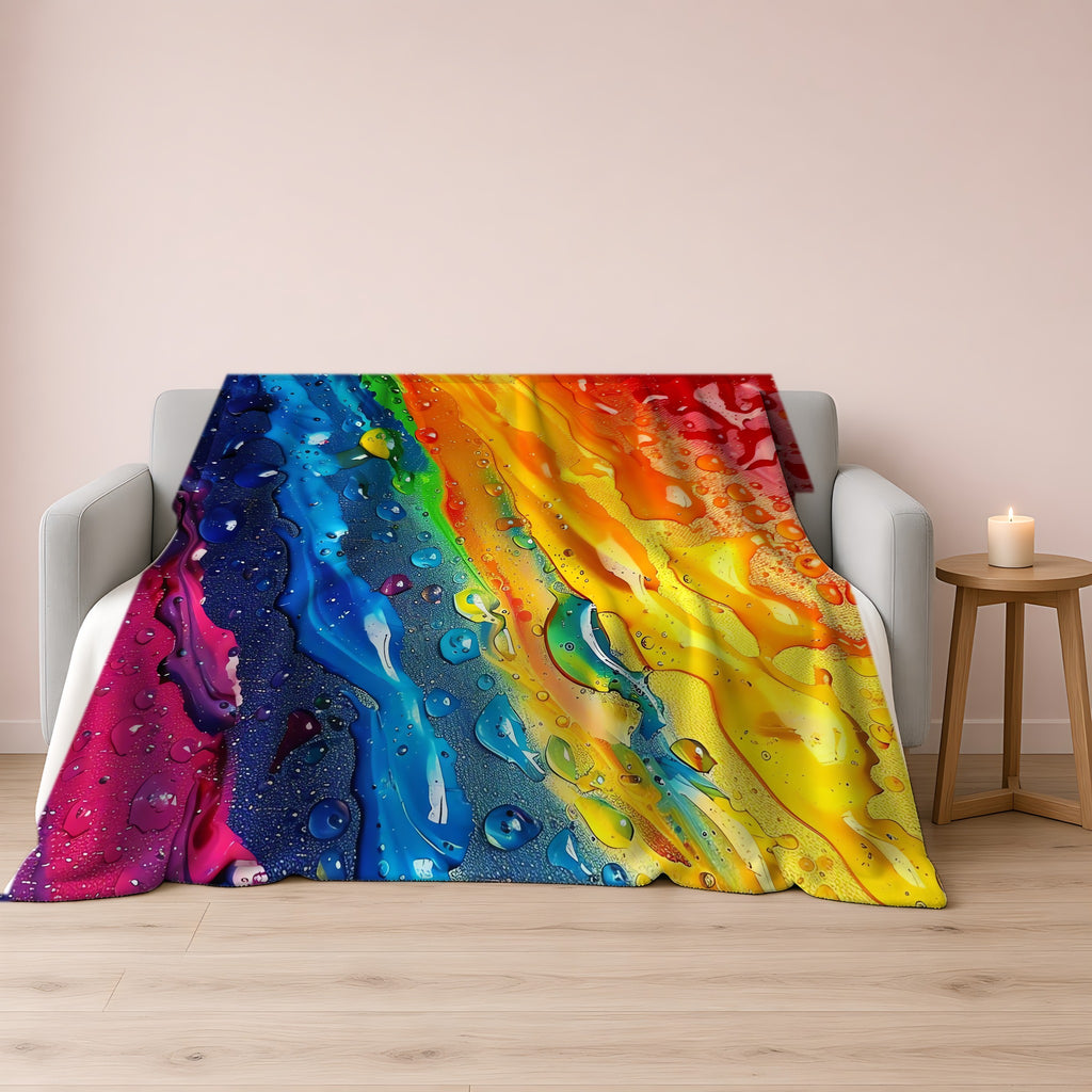 Rainbow Drip Pour Sherpa Fleece Blanket draped over a grey sofa