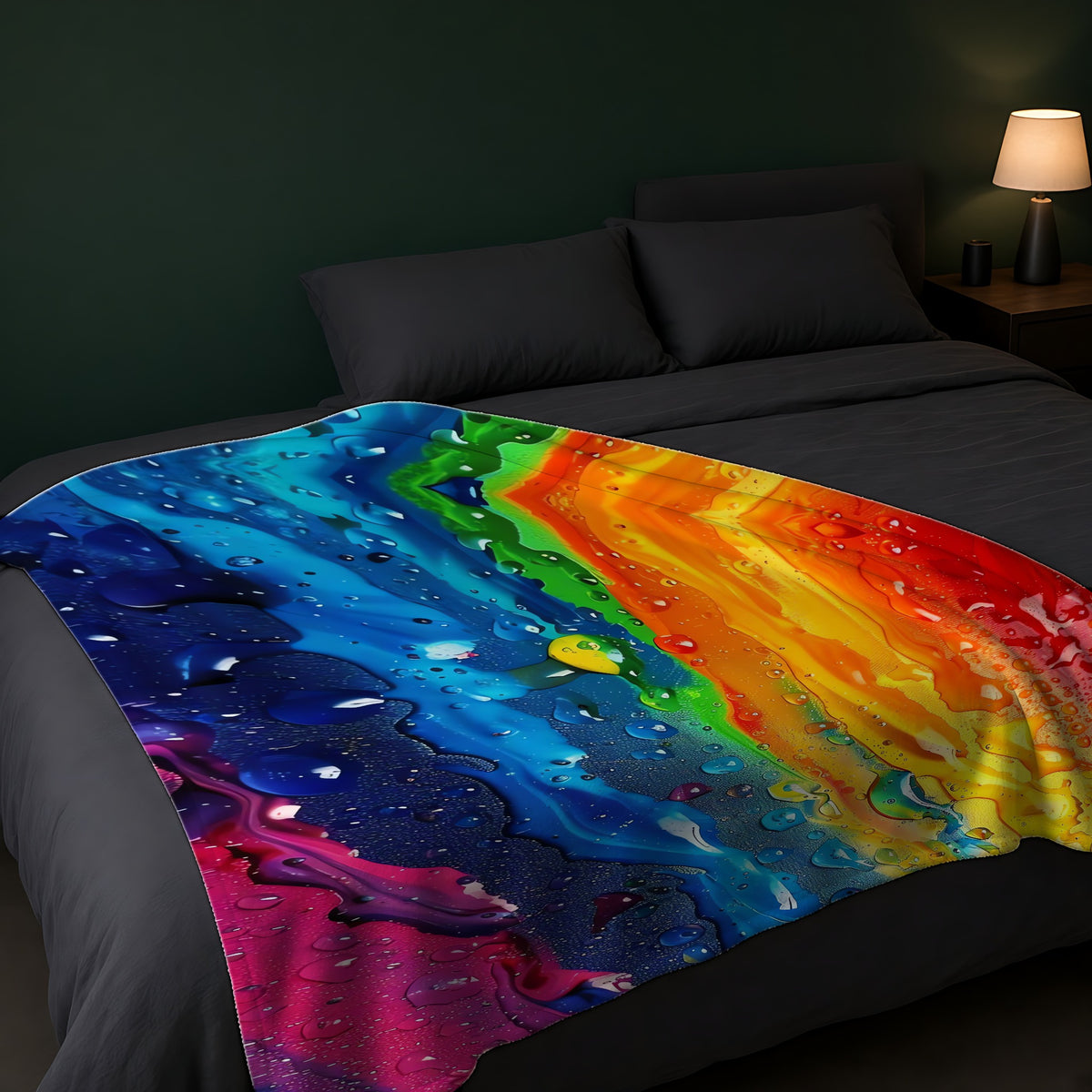 Rainbow Drip Pour Sherpa Fleece Blanket across the foot of a dark bed
