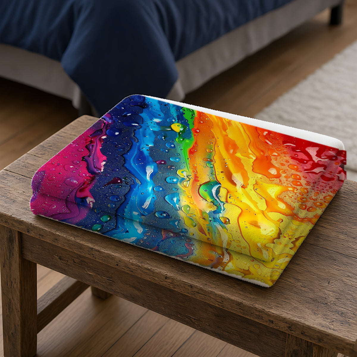 Rainbow Drip Pour Sherpa Fleece Blanket folded on a wooden bench