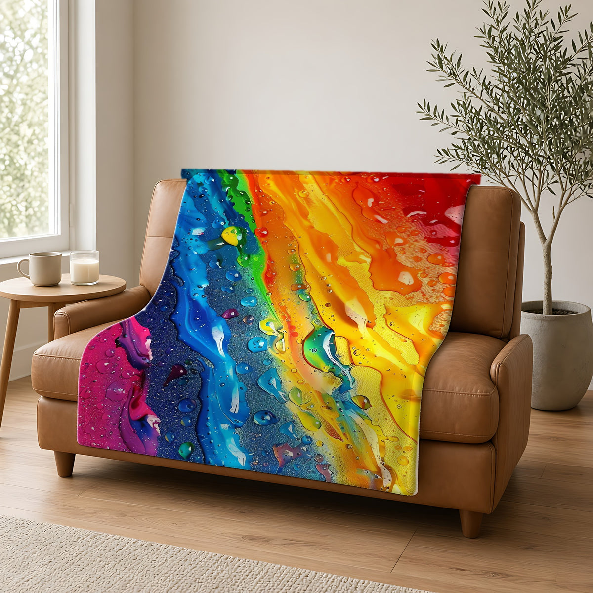 Rainbow Drip Pour Sherpa Fleece Blanket draped over a caramel leather sofa