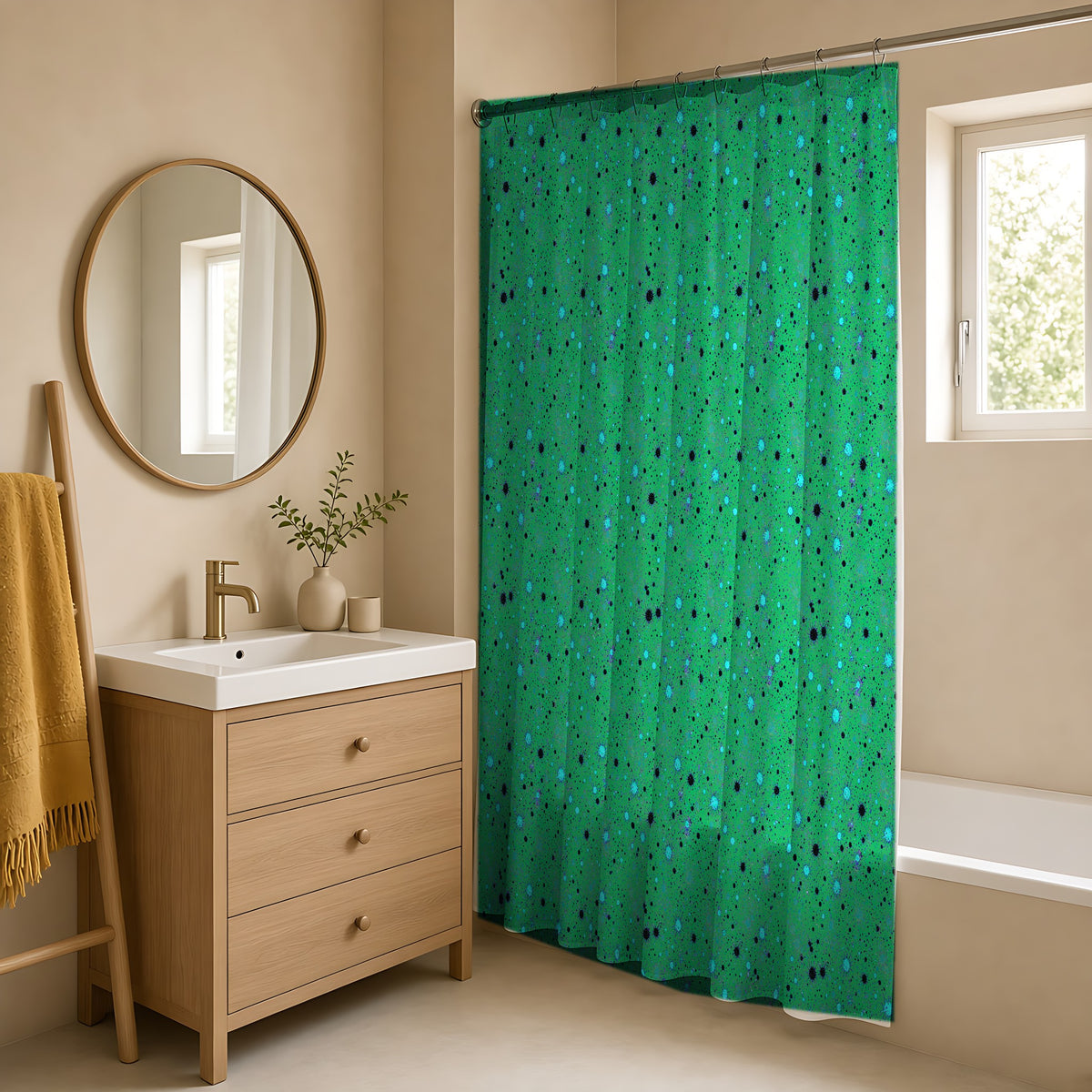 Spray Field Shower Curtain in a warm neutral bathroom with an oak vanity