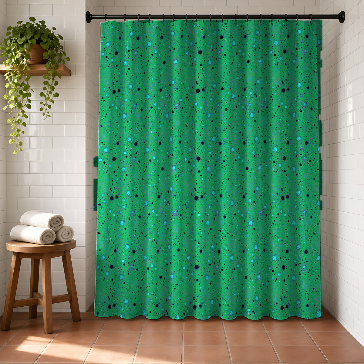 Spray Field Shower Curtain in a bright bathroom with white tiles and a terracotta floor