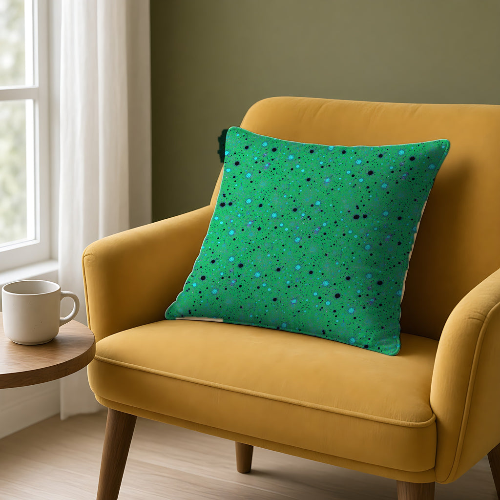 Spray Field Faux Suede Cushion on a mustard armchair by a window