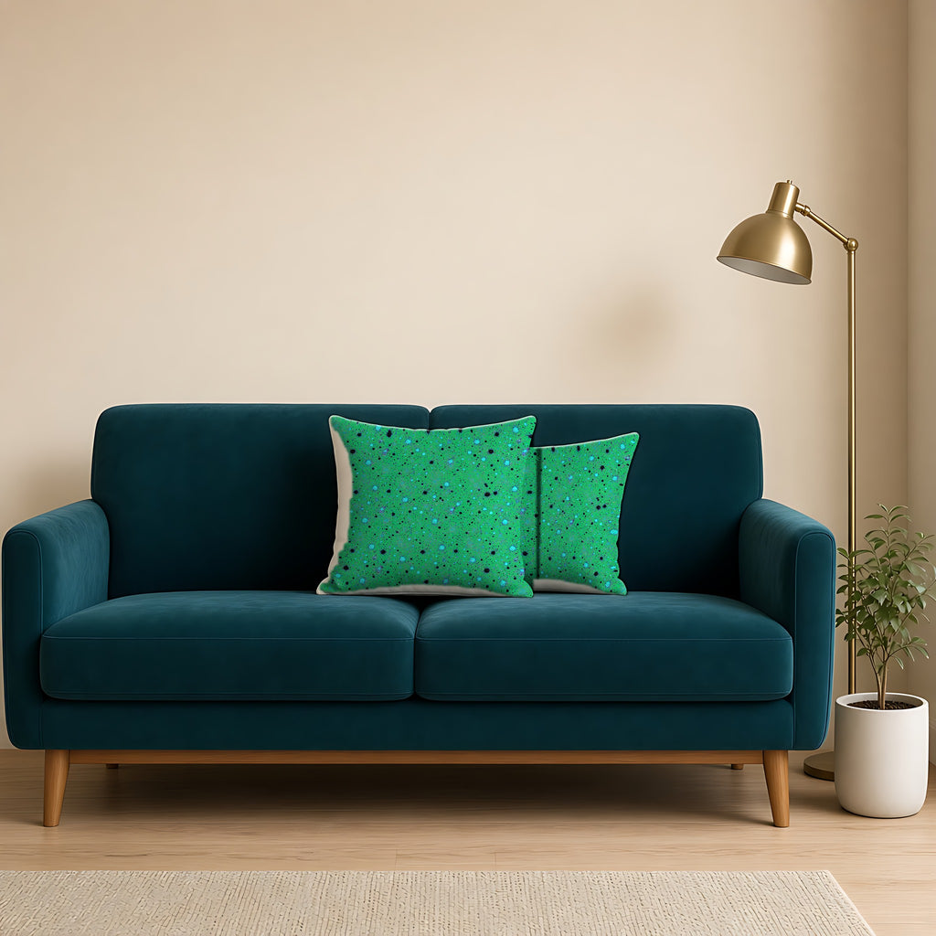 Spray Field Faux Suede Cushion on a teal velvet sofa
