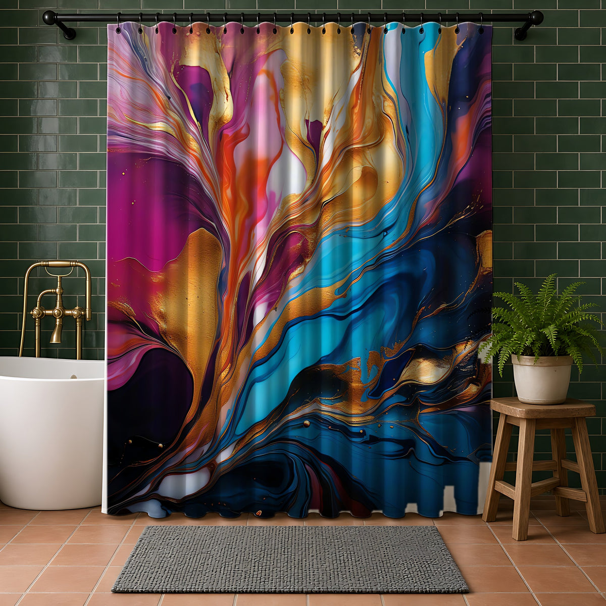 Gilded Fluid Swirl Shower Curtain in a bathroom with dark green tiles