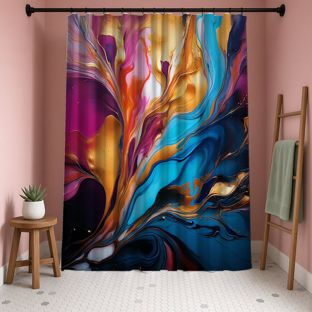 Gilded Fluid Swirl Shower Curtain in a blush-pink bathroom