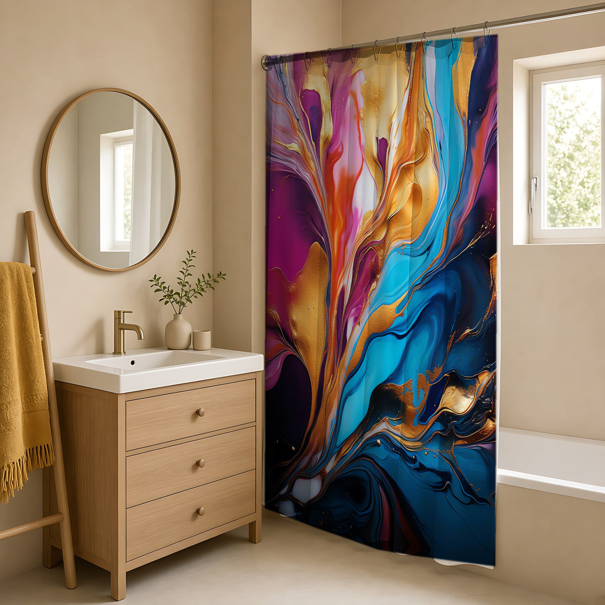 Gilded Fluid Swirl Shower Curtain in a warm neutral bathroom with an oak vanity