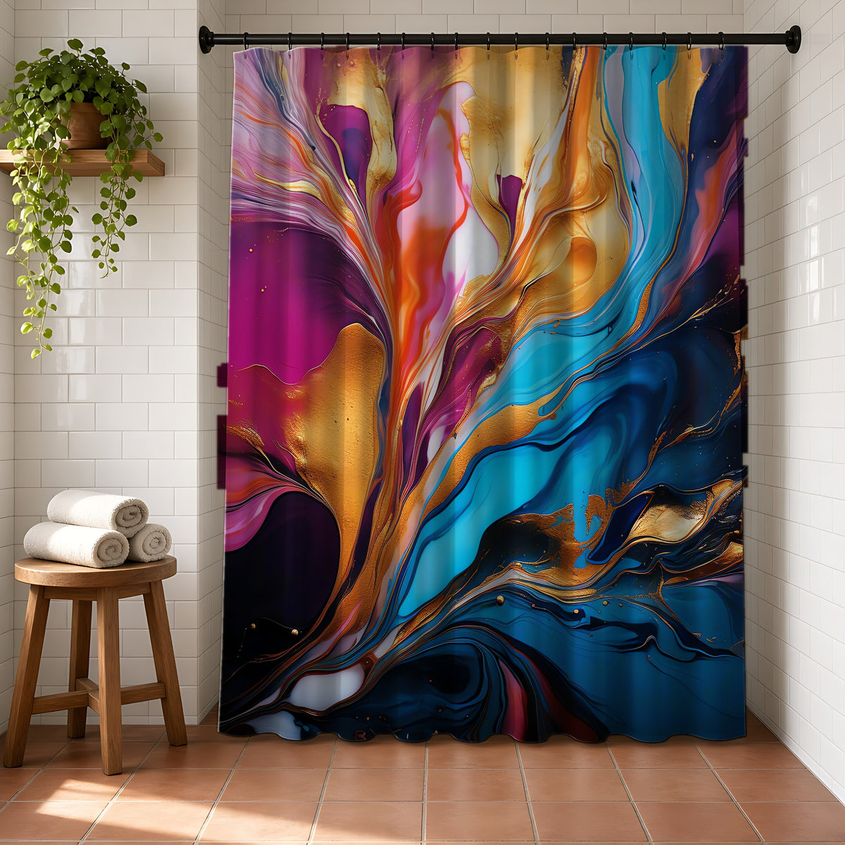 Gilded Fluid Swirl Shower Curtain in a bright bathroom with white tiles and a terracotta floor