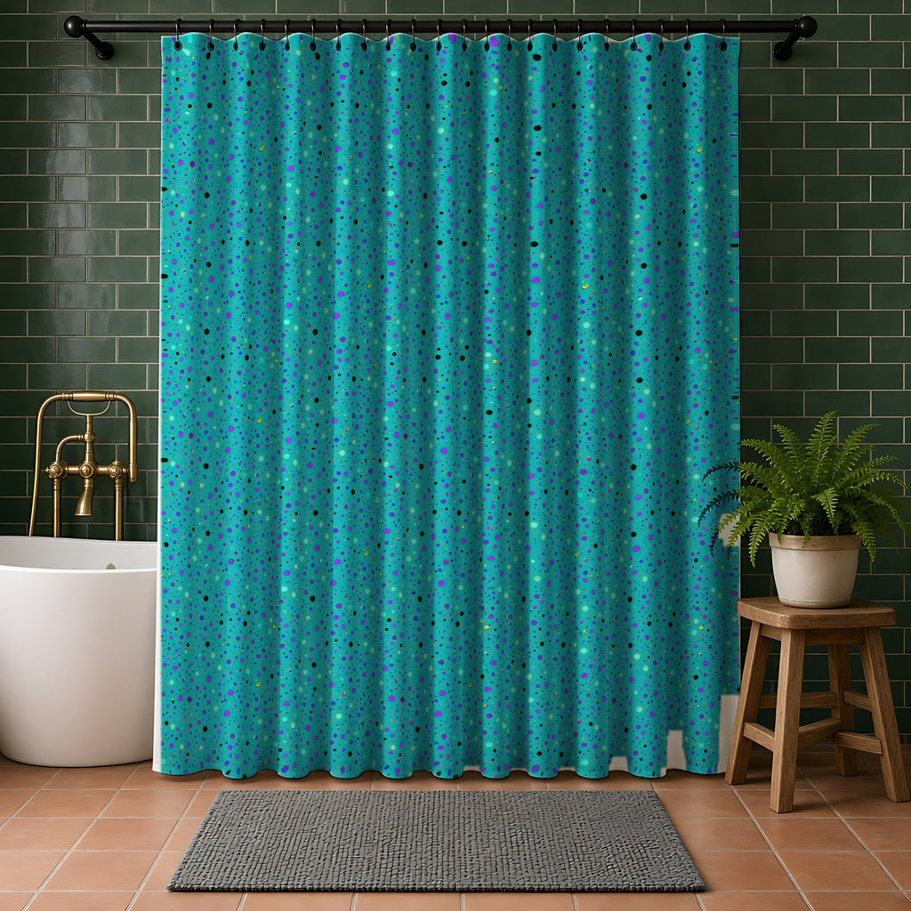 Confetti Spatter Shower Curtain in a bathroom with dark green tiles