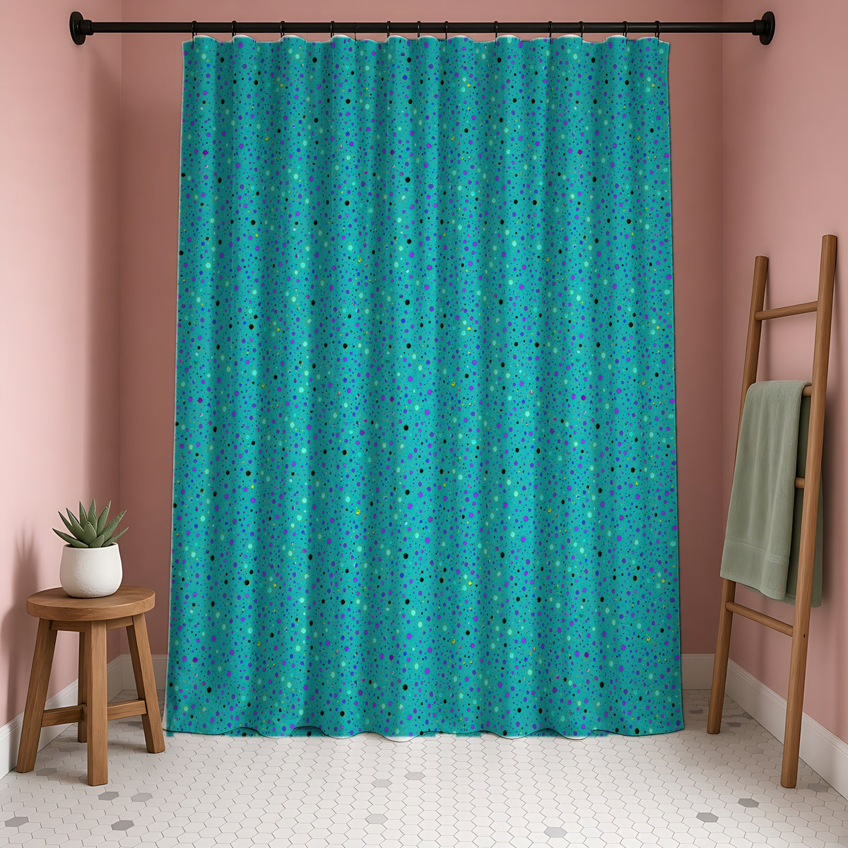 Confetti Spatter Shower Curtain in a blush-pink bathroom