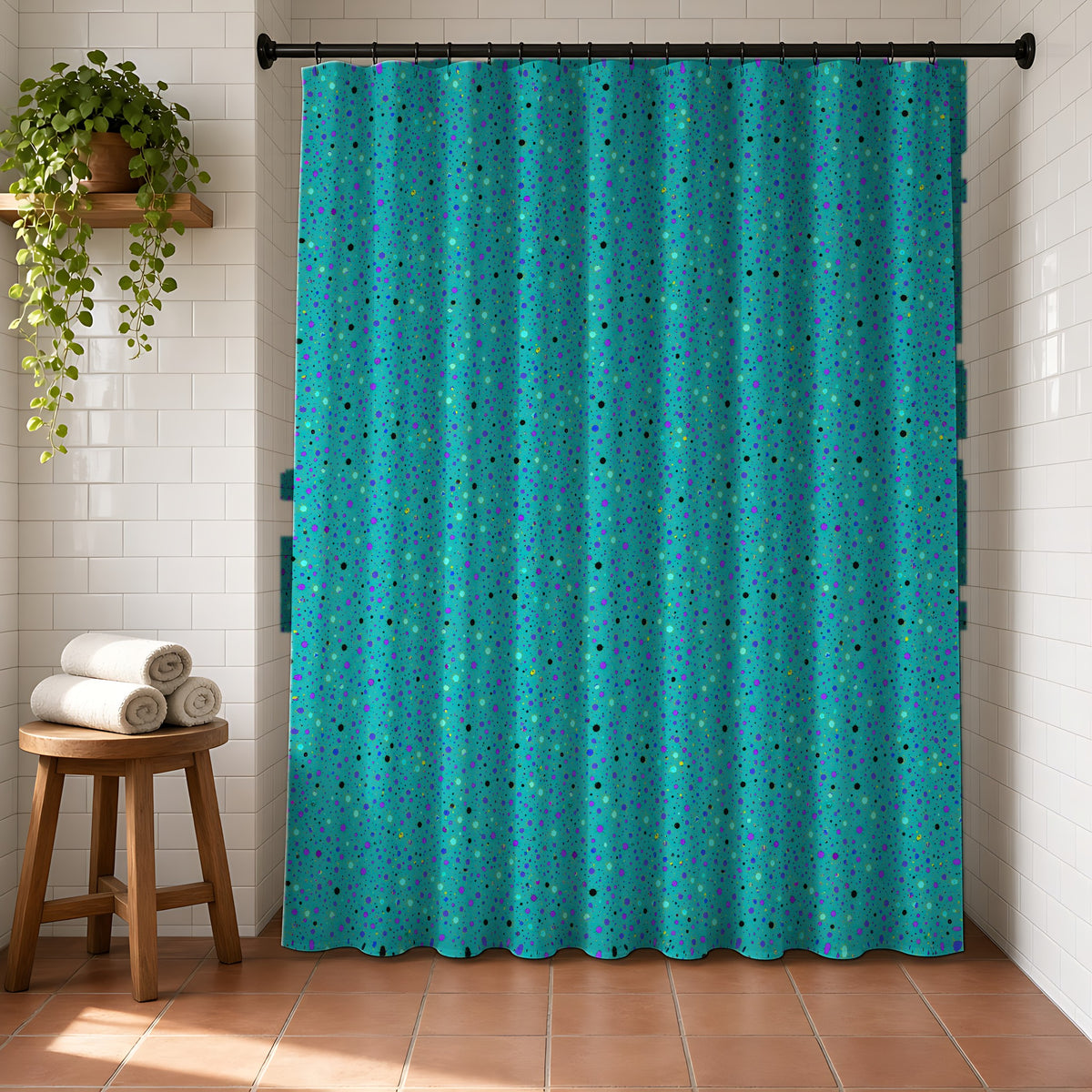 Confetti Spatter Shower Curtain in a bright bathroom with white tiles and a terracotta floor