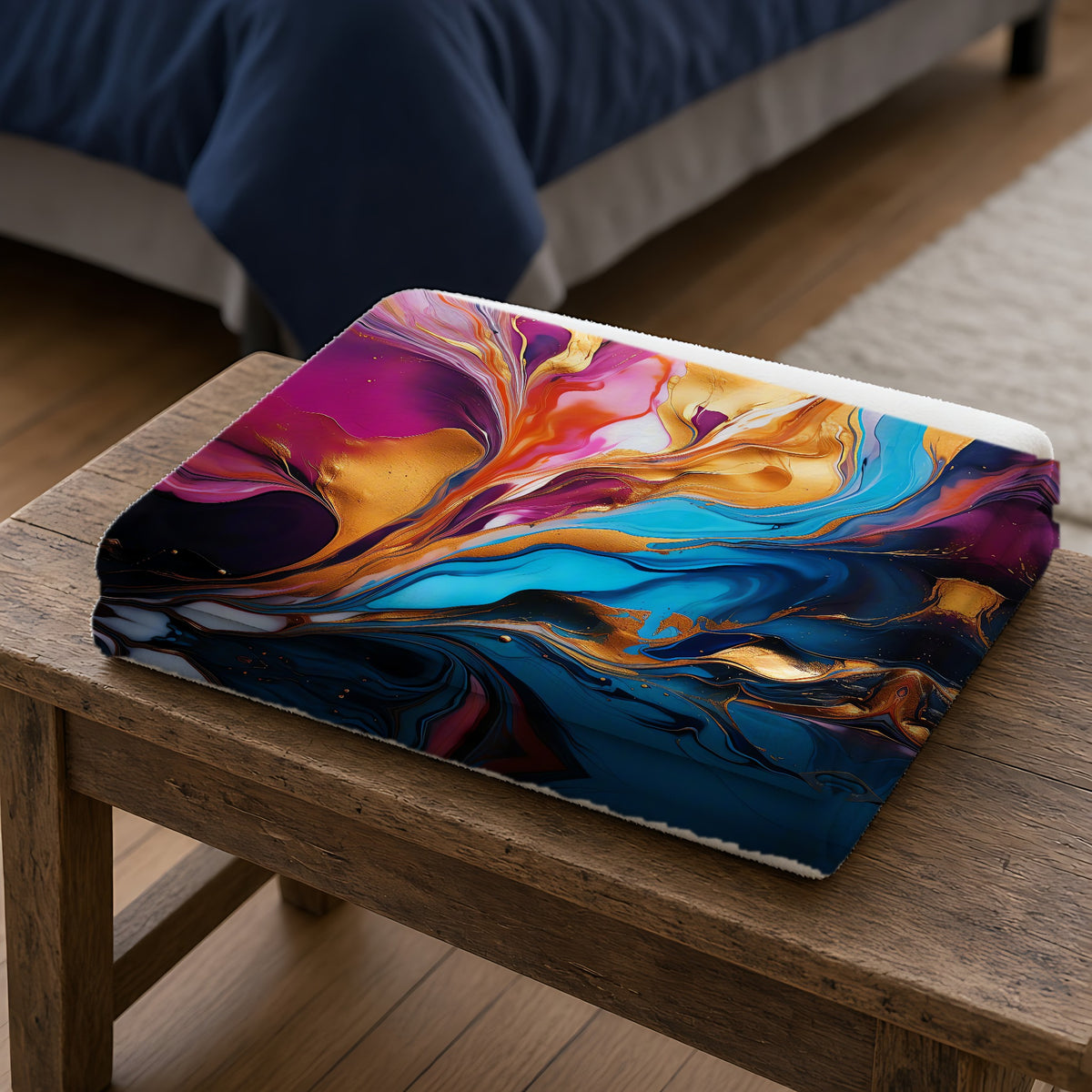 Gilded Fluid Swirl Sherpa Fleece Blanket folded on a wooden bench