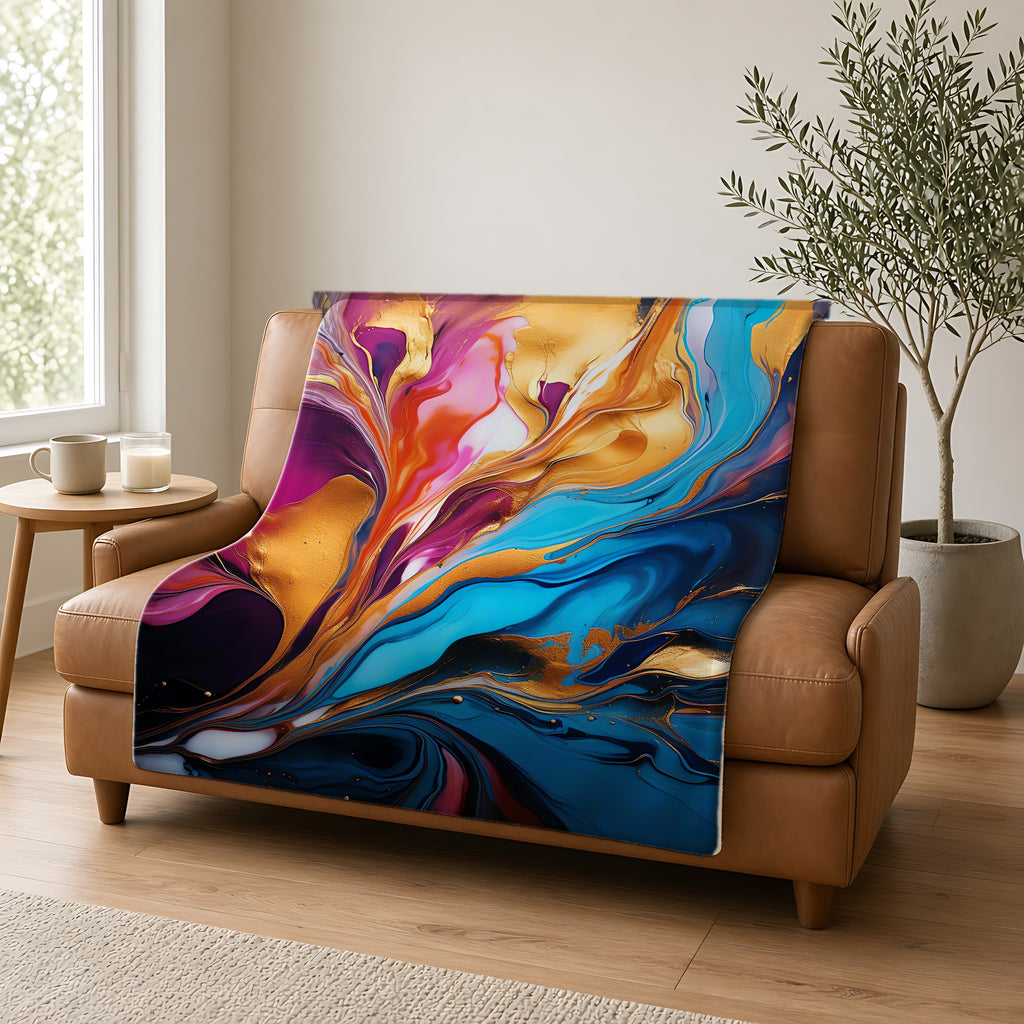 Gilded Fluid Swirl Sherpa Fleece Blanket draped over a caramel leather sofa
