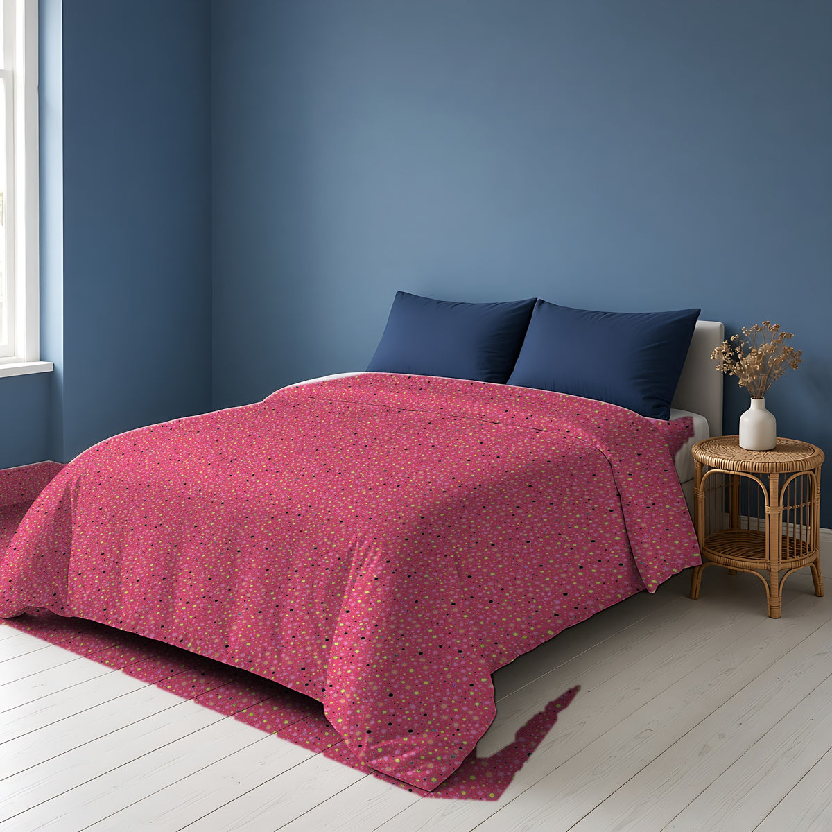 Confetti Spatter Cotton Duvet Cover on a bed in a Scandinavian blue bedroom