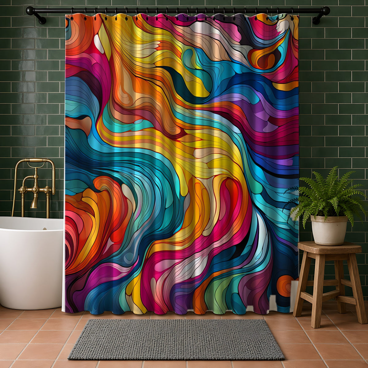 Neon Wave Swirl Shower Curtain in a bathroom with dark green tiles