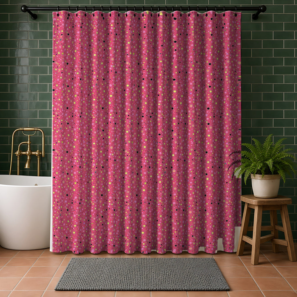 Confetti Spatter Shower Curtain in a bathroom with dark green tiles