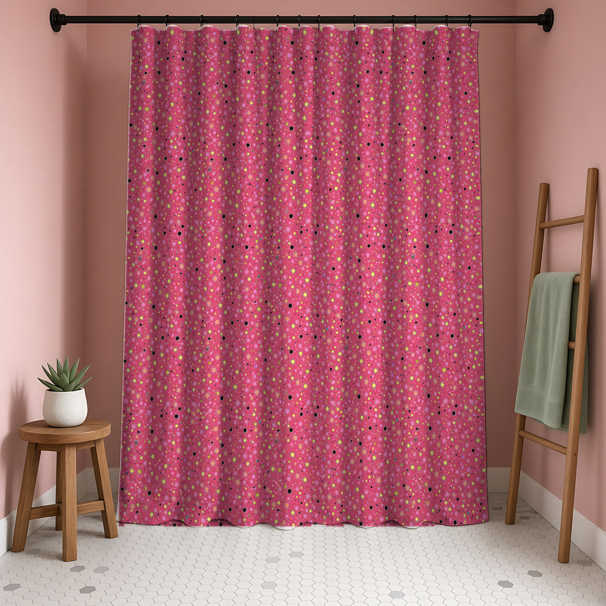 Confetti Spatter Shower Curtain in a blush-pink bathroom