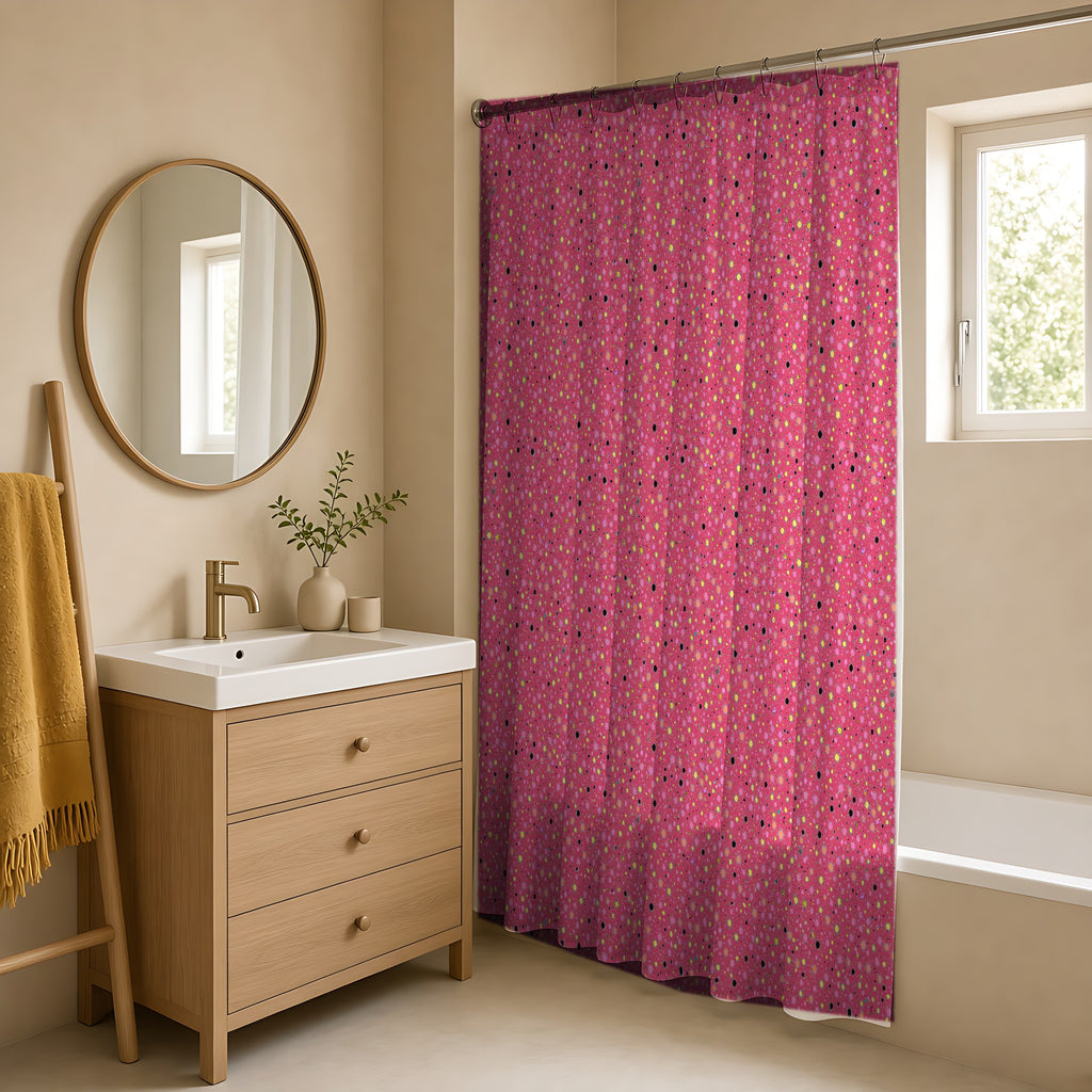 Confetti Spatter Shower Curtain in a warm neutral bathroom with an oak vanity