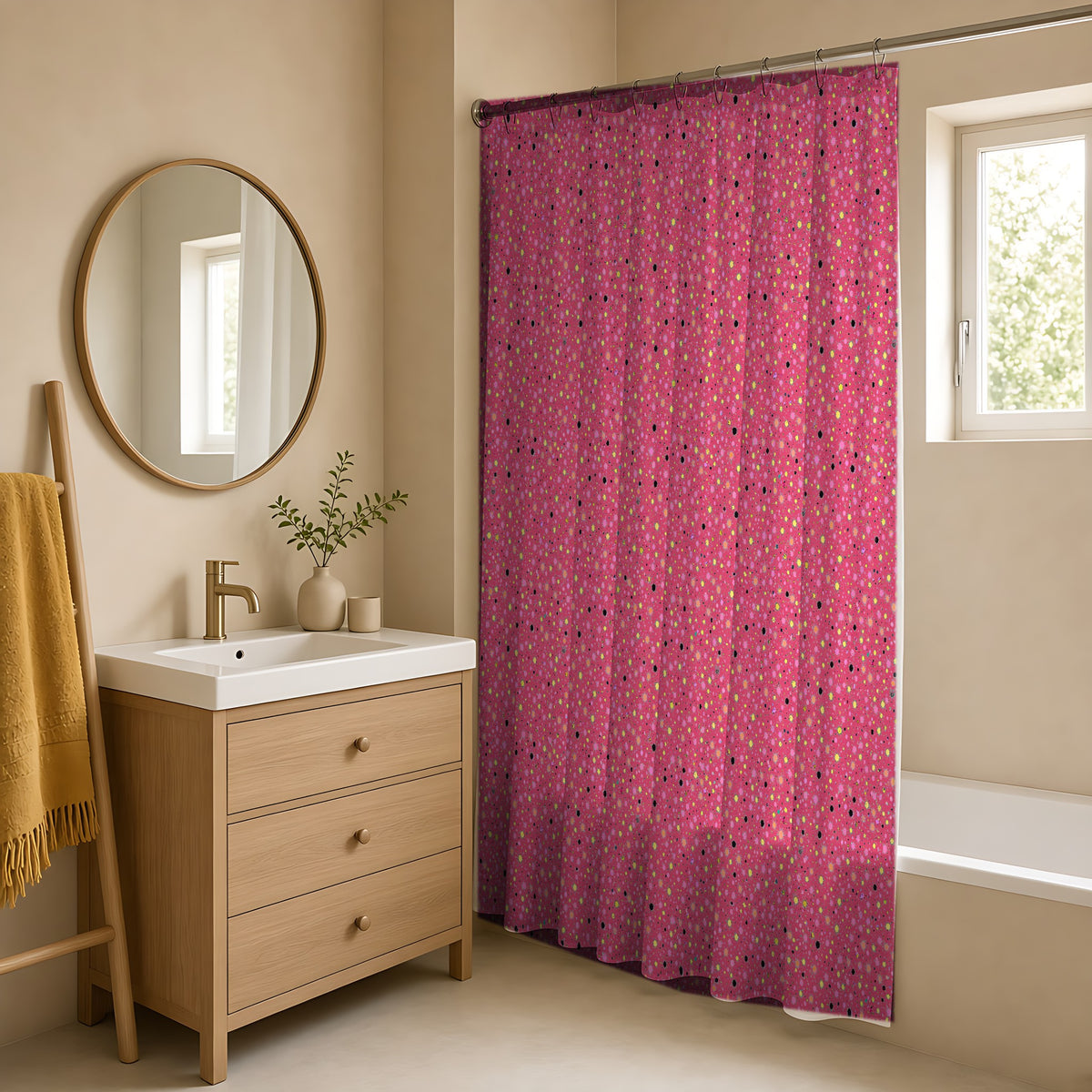 Confetti Spatter Shower Curtain in a warm neutral bathroom with an oak vanity