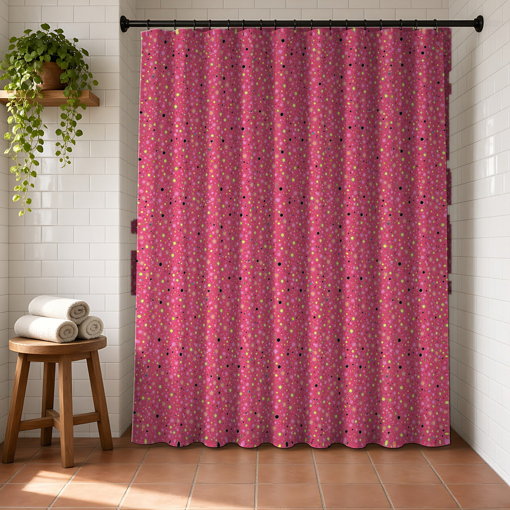 Confetti Spatter Shower Curtain in a bright bathroom with white tiles and a terracotta floor